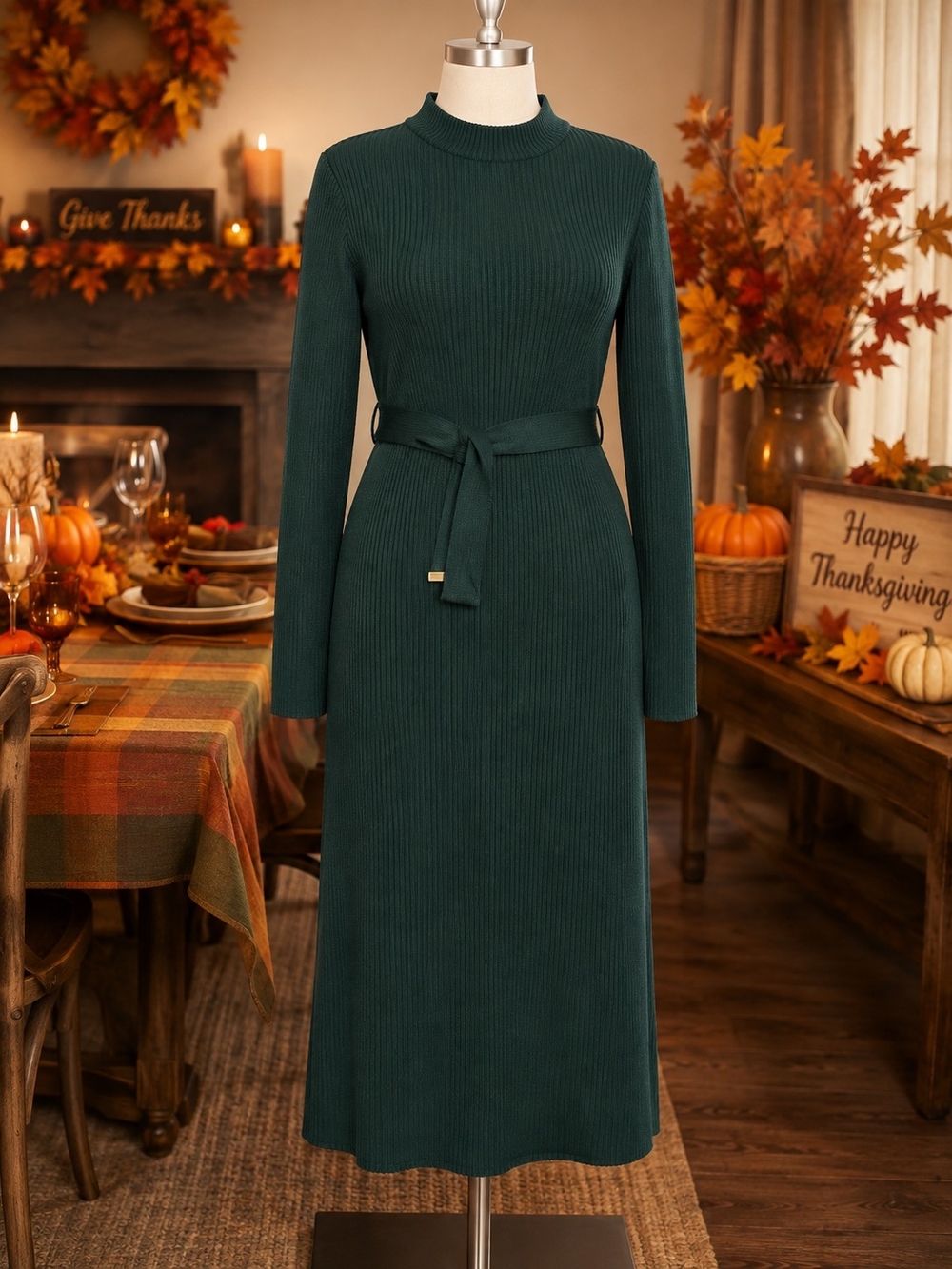 Women’s Ribbed Belted Mock-Neck Midi Dress - Deep Green